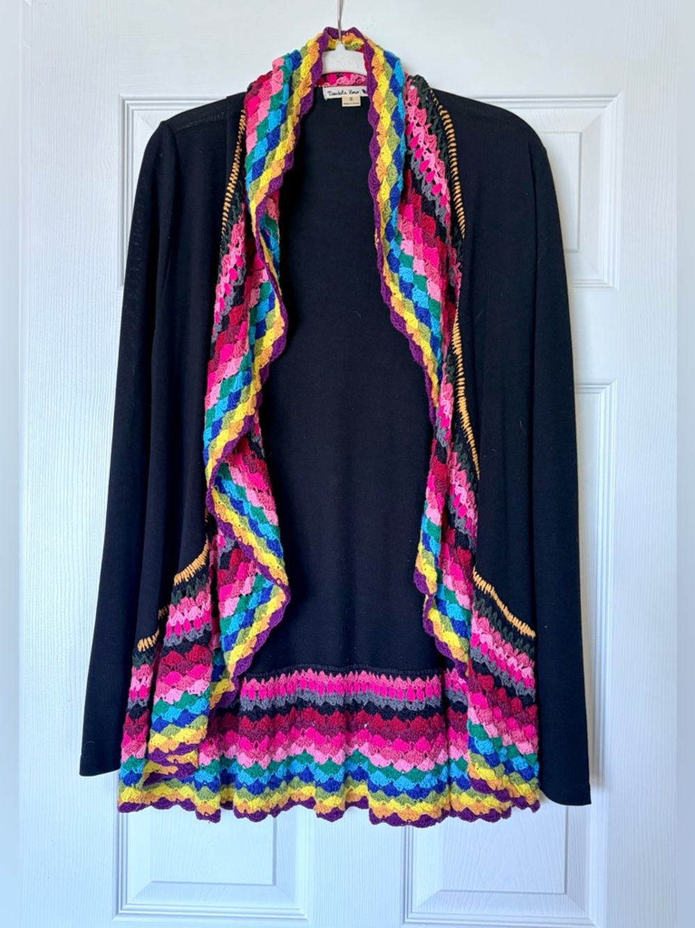 Black Cardigan Sweater with Multicolored Ruffled Crochet Trim — Size Small